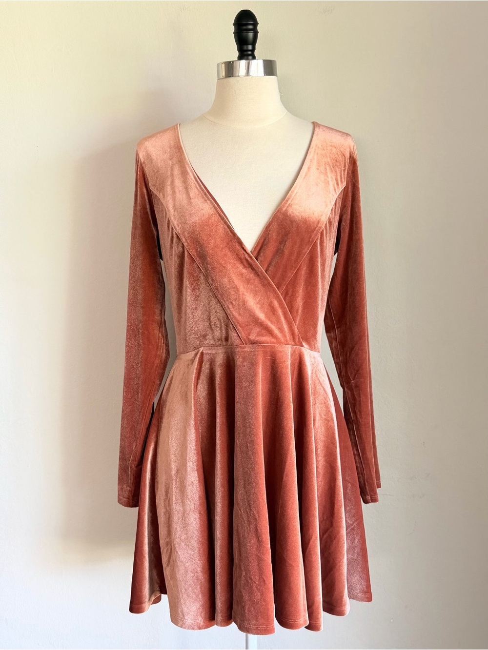 Kimchi Blue Velvet Skater Dress Deep V-Neckline, Long Sleeves, Burnt Orange, Lg